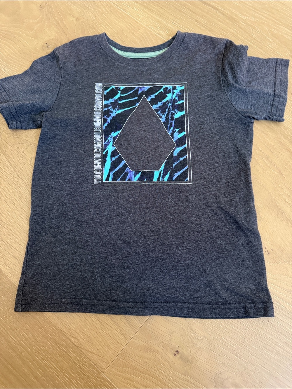 Volcom Boys Dark Heather Gray Tee with Blue Teal Geometric Print